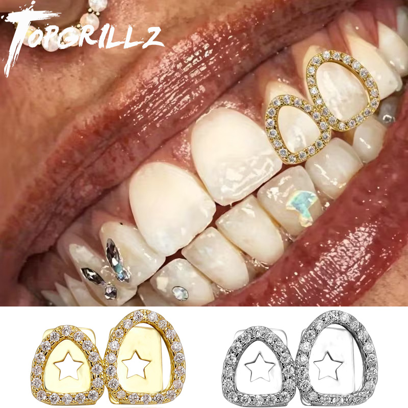 Body Jewelry Men - TOPGRILLZ Iced Out Doppel-Hohlzirkon-Zahnschmuck, glänzende Zirkonia-Zahnkappen